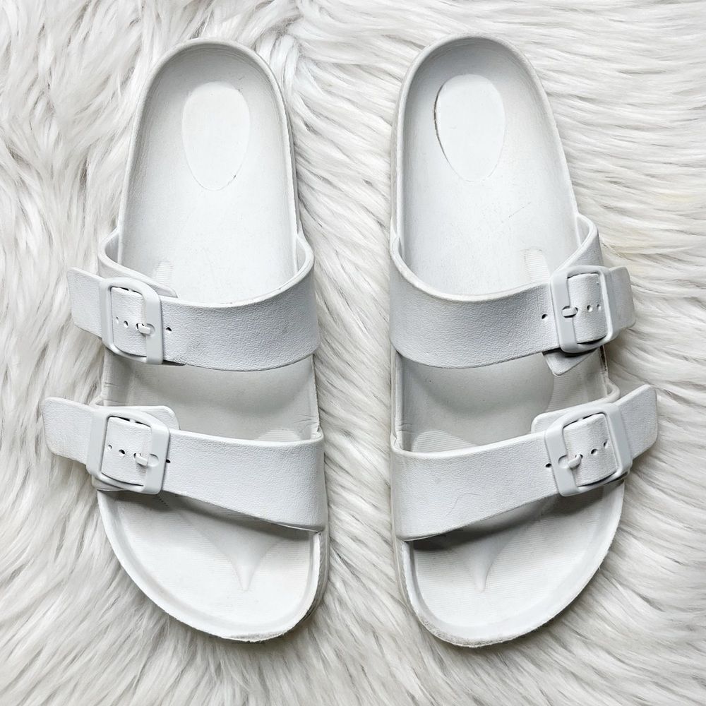 Double Buckle Strap Slide On Sandals White Size 7